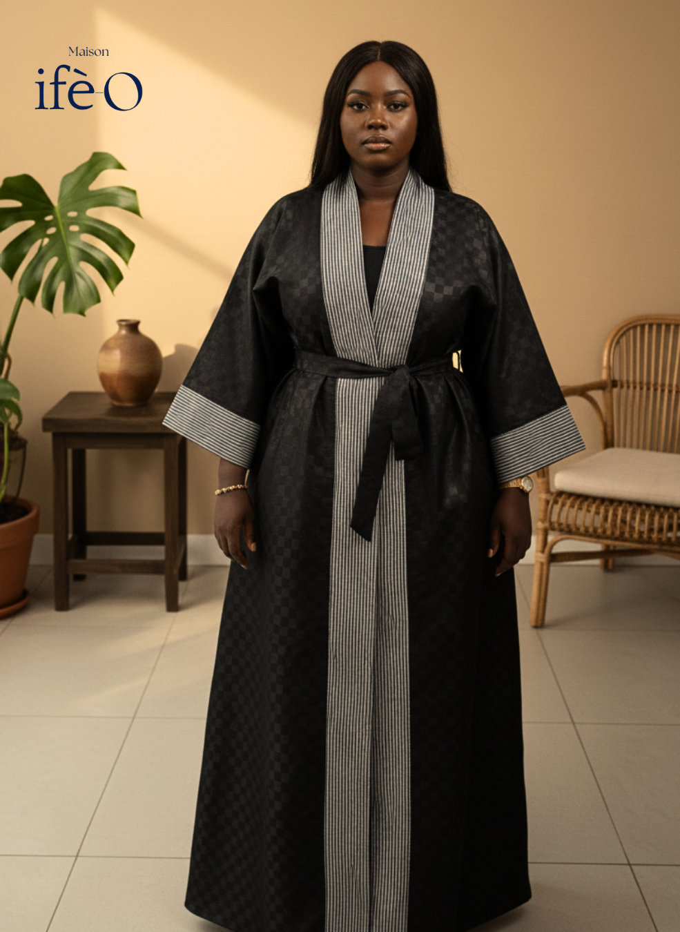 Kimono Long Prestige – Wax Noir & Kente Gris Argenté Édition Limitée