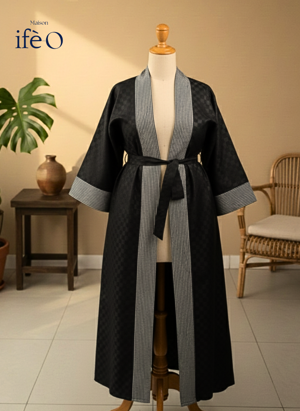 Kimono Long Prestige – Wax Noir & Kente Gris Argenté Édition Limitée