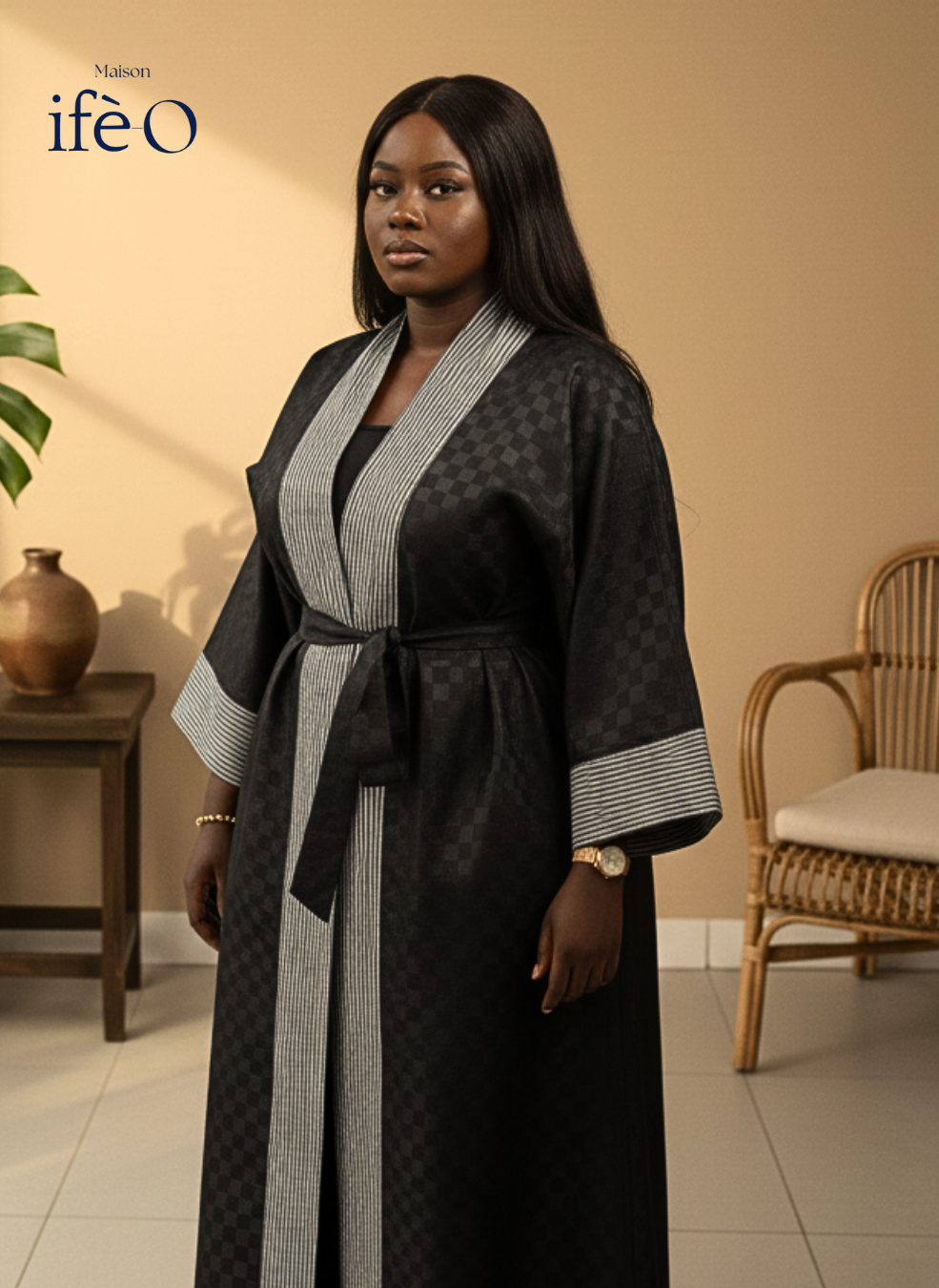Kimono Long Prestige – Wax Noir & Kente Gris Argenté Édition Limitée